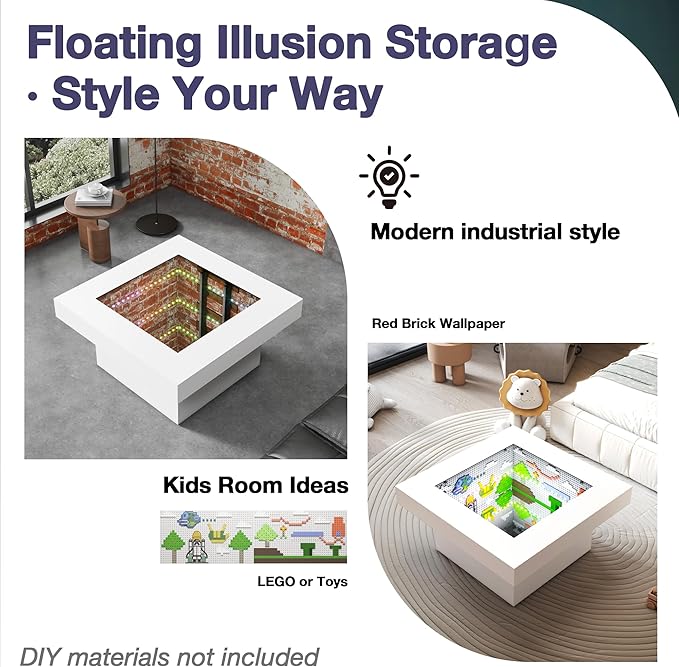 FKWin Modern Coffee Table for Living Room - 31” Endless Depth Mirror Center Table with Led Lights, Unique Square Coffee Table with Tempered Glass-Top, White