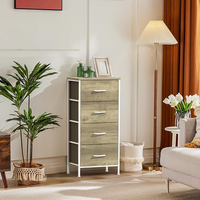 DUMOS Nightstand with 4 Drawers Bedside Table with Removable Fabric Bins Sturdy Steel Frame Wood Top Organizer Furniture for Bedroom Closet Living Room,Oak Greige - Image 2