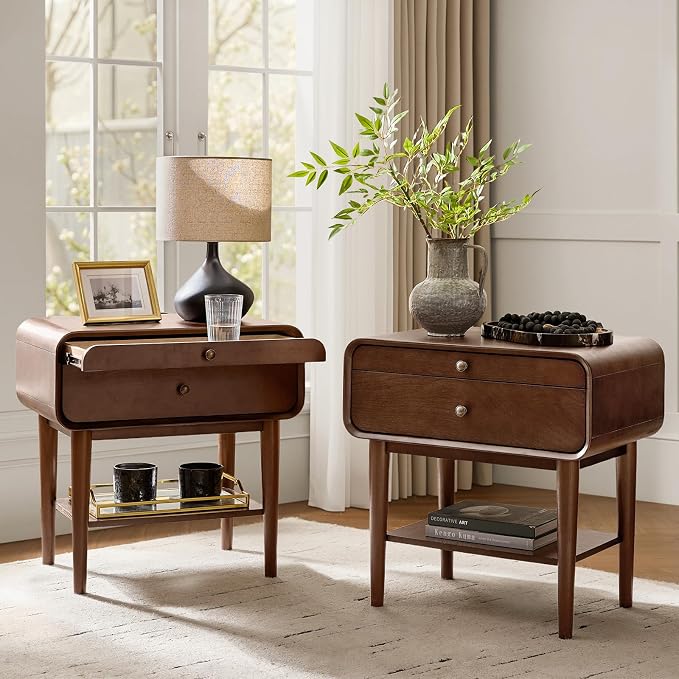 HULALA HOME Nightstand Set of 2 with Pull-Out Shelf, Mid Century Modern End Table with Storage Drawer, Charging Station, Solid Wood Legs, Walnut by HULALAHOME
