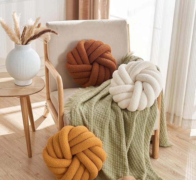 Brown Knot Pillow 13.7'' Round Throw Pillow Soft Plush Knot Ball Pillow Handmade Knotted Pillow Modern Home Decorative Knotted Pillow Cushion for Bed Bedroom, Sofa, Couch