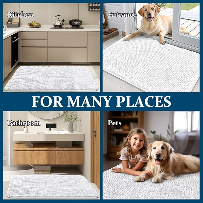 OLANLY Dog Door Mat for Muddy Paws 70x35, Absorbs Moisture and Dirt, Absorbent Non-Slip Washable Doormat, Quick Dry Chenille Mud Mat for Dogs, Entry Indoor Entryway Carpet for Inside Floor, White - Image 8