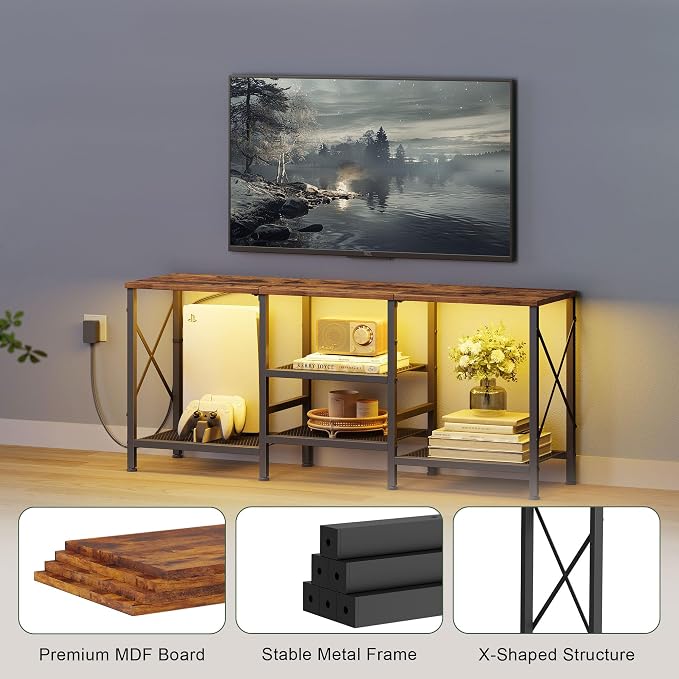 JARHETUN TV Stand with LED Lights for 55 Inch TV, Entertainment Center with 3-Tier Open Shelves, TV Console Table for Living Room, Bedroom, Rustic Brown - Image 6