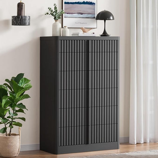 Fluted Dresser for Bedroom, 48" Tall 6 Drawer Dresser, Modern Chest of Drawers with Solid Wood Handle, Curved Profile Design, Wood Dressers Storage Organizer, Living Room, Hallway, Black by Harpaq