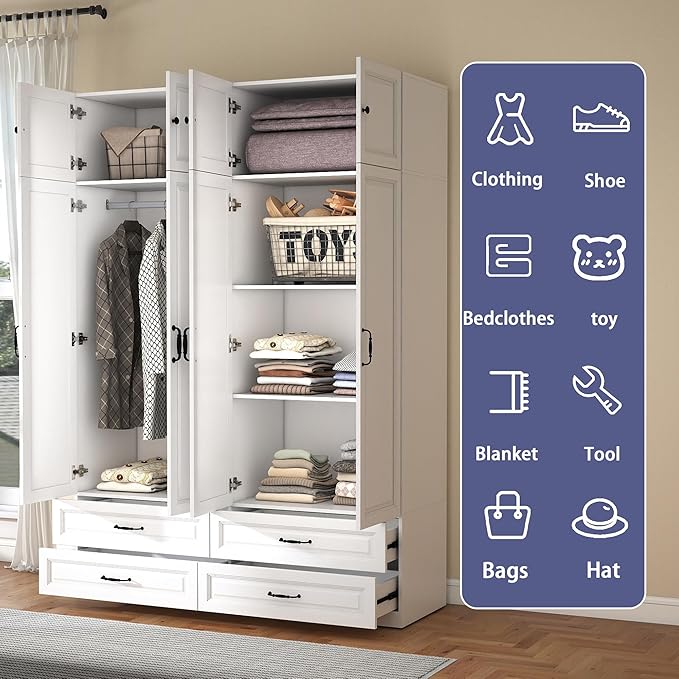 White Armoire Wardrobe Closet: 88" Extra Tall Wardrobe Closet with 4 Drawers, Bedroom Armoires with 4 Doors, Wood Large Armoire with Top Cabinet (63")