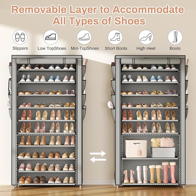 VTRIN Tall Shoe Rack with Cover, 10 Tier Shoe Organizer Storage for 50-55 Pairs Shoes and Boots Large Capacity Shoe Shelf with 8 Pockets Free Standing Shoe Rack for Closet, Entryway, Garage, Grey - Image 6