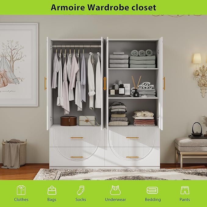 Wardrobe Armoire Closet with 4 Door Shelves 4 Drawers and Hanging Rod Wooden Storage Cabinet for Bedroom White Tall Armoire Wardrobe