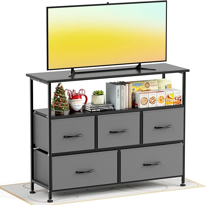 Simple Deluxe TV Stand Dresser for Bedroom Entertainment Center with 5 Fabric Drawers, Storage Organizers Units for Living Room, Media Console Table with Open Shelf up for 45" TV, Gray, Wood top