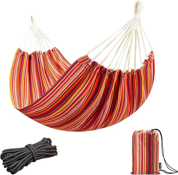JoyView Brazilian Hammock for Single Preson Portable Hammock with Hanging Ropes & Carry Bag Large 78.8x39.4” for Patio 300LBS Capacity Perfect for Outdoor/Indoor - Red Stripe by JoyView