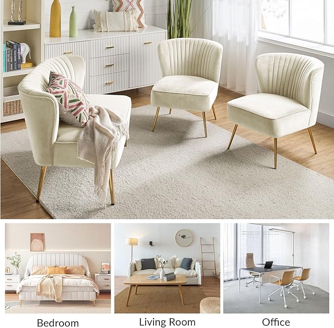 HULALA Home 3 Piece Velvet Living Room Furniture Set, Modern Comfy Upholstered Chair Set with Golden Legs, Include Loveseat & 2 Accent Chairs for Bedroom, Ivory Tufted 2-Seater Sofa & Armless Chairs