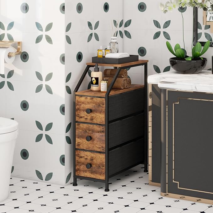 Tohomeor Narrow Dresser Tall Skinny Storage Tower Vertical Slim Chest of Drawers with Charging Station Small Nightstand Side Table for Bedroom, Bathroom, Small Spaces (Rustic Brown, 3 Drawers) - Image 4