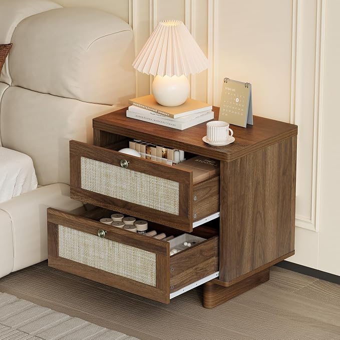LAZZO Nightstands Set of 2 Large Night Stands 23.6" Wide Bedside Table Set of 2 with 2 Rattan Drawers and Bronze Ring Handles for Bedroom Walnut - Image 5