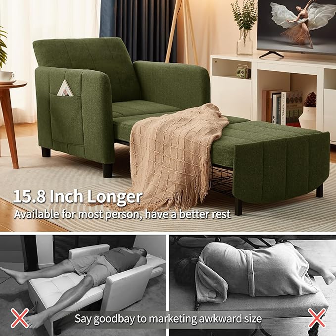ZZW Sleeper Chair 84" Extra Long Convertible Chair Bed Upgraded 3-in-1 to 4-in-1 Pull Out Chair & Single Sofa Bed for Adult Sleeping Chair for Living Room Small Space (Modern Green)