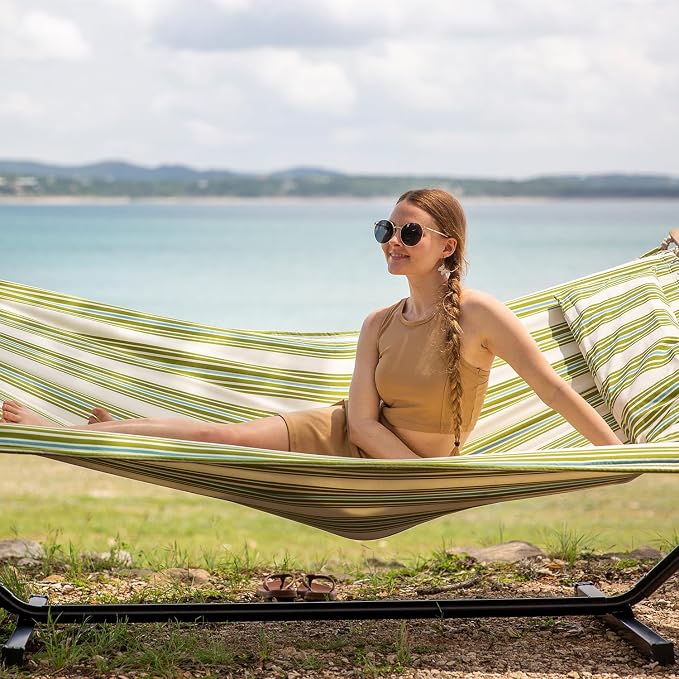 SUNCREAT Portable Double Hammock with Stand, 475 lbs Capacity, Heavy Duty Two Person Hammock with Stand Included, Green Stripe - Image 2