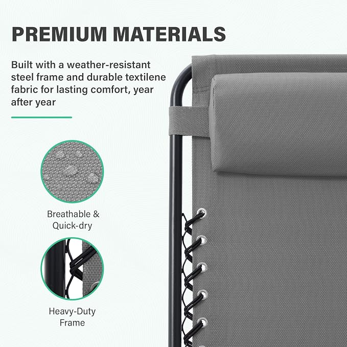 JEAREY Zero Gravity Lounge Chairs Set of 2, Adjustable Steel Mesh Recliners with Pillows and Cup Holder Trays for Patio, Garden, Beach, Light Grey - Image 4