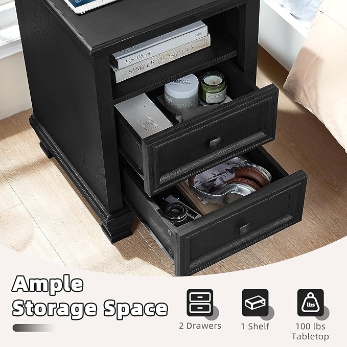 SAVOR LIFE Farmhouse Nightstand Set of 2 with Charging Station, Rustic Black Nightstand with Drawers, Bedside Table with Open Shelf for Bedroom, Black - Image 6