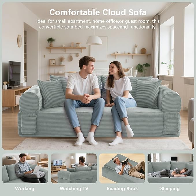 83" Modern Sofa in a Box, No Assembly Oversized 3 Seater 28" Deep Seat Cloud Sofa Bed Couch with 4 Furry Pillows & Corduroy Fabric, Boneless Couch with Side Storage Pockets for Living Room, Light grey