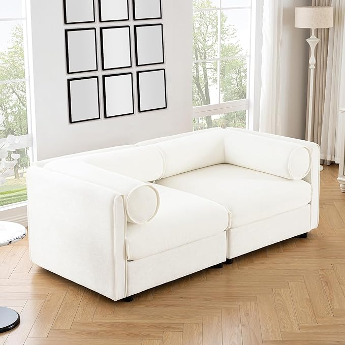 KEIKI 76" Oversized Modular Loveseat Chenille Sectional Sofa with Storage Seat, Modern Style 2-Seater Couch with Cylindrical Backrest and Armrests, Easy Assembly, for Apartment, Living Room, White