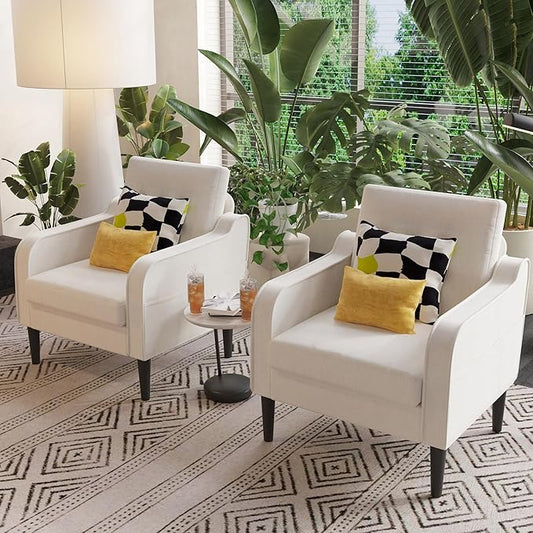 Ribilake Cream Accent Chair Set of 2 - Upholstered Armchair with Side Pockets, Comfy Living Room Arm Chair, Reading Accent Chairs for Bedroom, Living Room, Apartment, Office