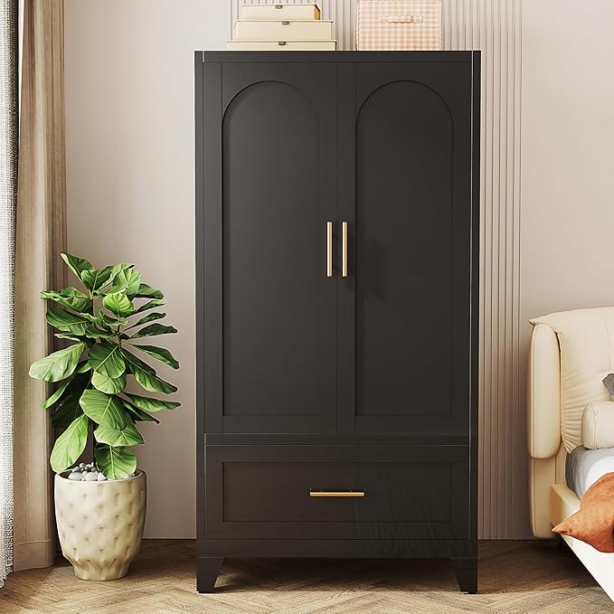 60" Metal Armoire Wardrobe Closet with 1 Drawer, Freestanding Arched 2-Door Tall Clothing Storage with Adjustable Shelves and Hanging Rod for Bedroom Dorm, Black