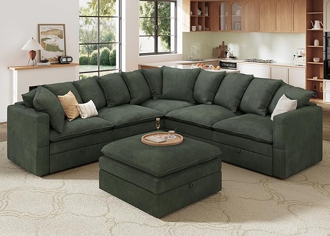HONBAY Modular Sectional Sofa, 6 Seaters Corduroy Sectional Couchwith Ottoman, L Shaped Sofa with Storage & Pillows, Green