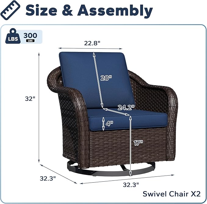 Outdoor Wicker 360 Degree Swivel Glider Rocker Chairs Set, Patio Conversation Furniture Set with Washable Cushions for Garden, Poolside (Navy Blue)