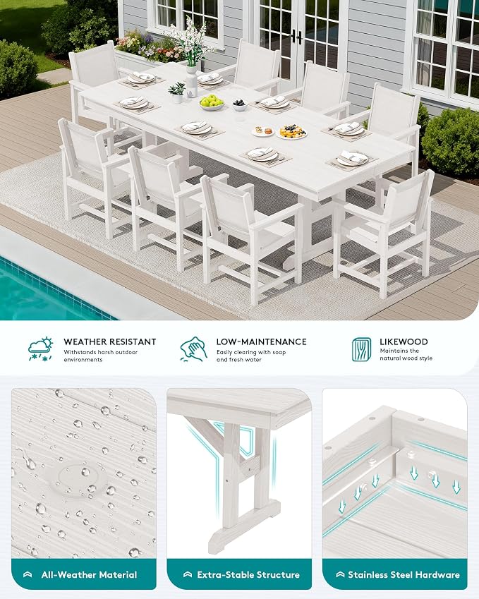 SERWALL 9 Piece Outdoor Dining Set, 84" HDPE Outdoor Large Table and Textilene Sling Chairs for 8，All Weather Patio Dining Furniture Set with Umbrella Hole for Backyard, Garden, White - Image 4