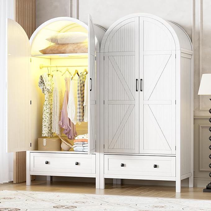 PAKASEPT Armoire Wardrobe Closet with Drawers and 2 Arched Fluted Doors, 70.9‘’ Tall Wooden Bedroom Armoire with LED Light & Shelves and Hanging Rod (White)