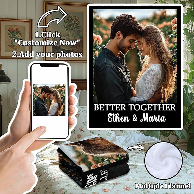 Custom Blanket with Pictures Text, Personalized Photo Blanket for Boyfriend Girlfriend, Custom Gifts for Christmas Valentine's Day Birthday Gifts for Couple Husband Wife