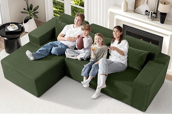 Homguava Modular Sectional Couches for Living Room,105" Cloud Couch with L-Shape Chaise,Comfy Sofa Living Room Sofas with Deep Seat,No Assembly L Couch,Corduroy Fabric(Green,L)
