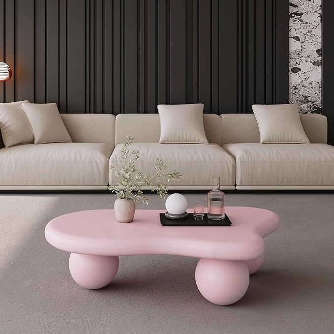 40” Cloud Coffee Table with 3 Ball Legs, Modern Irregular Center Table for Living Room, Low Cute Small MDF Tea Table for Bedroom, Space Apartment-Pink