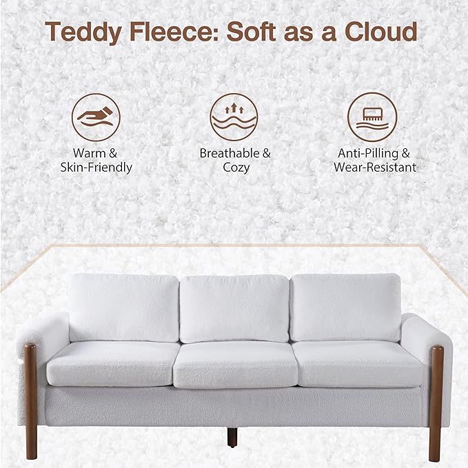 Christopher Knight Home Yadil Teddy Fleece Upholstered 3 Seater Sofa Couch, Wooden Home Sofa Living Room, Comfy Cloud Couch for Bedroom, Home Office, Cream White