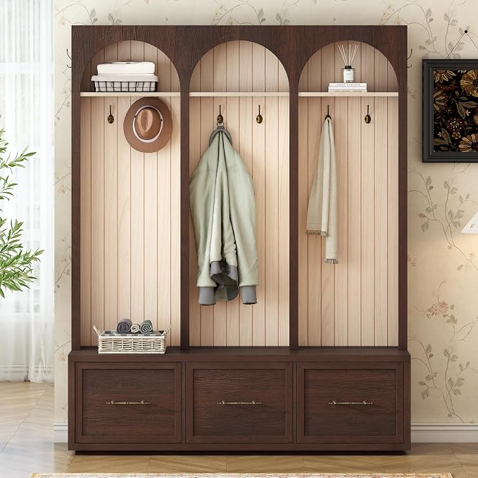 Merax Farmhouse Wood Hall Tree with Shoe Bench and 3 Drawers, 4-in-1 Coat Rack with 8 Hooks for Entrance, Hallway, Mudroom Dark Walnut by Merax