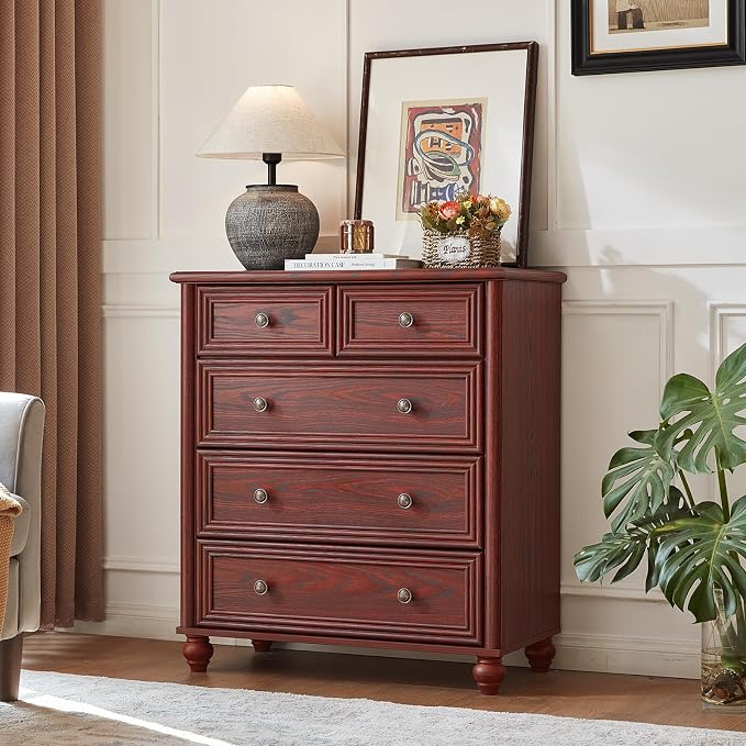 RWYHG Farmhouse 5 Drawer Dresser for Bedroom, 35.5" Tall Small Dressers & Chest of Drawers, Rustic Wood Dresser with Roman Column, Storage Organizer for Living Room, Hallway, Closet (Red Oak) - Image 5