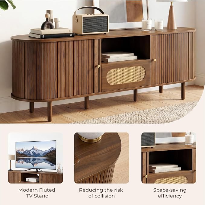 63'' Tambour TV Stand with Power Outlet for TVs up to 70 in,Mid-Century Modern TV Entertainment with 3 Cable Management Holes,Rattan Drawer & Fluted Sliding Doors,Media Console with Solid Wood Legs - Image 6