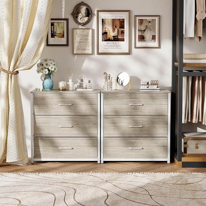 Memobarco Nightstand, End Table, Bedside Table, Tall Fabric Dresser with 3 Drawer, White Drawers Small Chests of Drawers Organizer Storage Tower with Steel Frame, Wooden Top & Front for Bedroom - Image 9