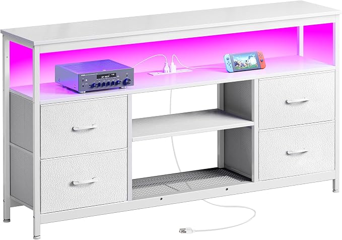 Huuger TV Stand Dresser with Power Outlets and LED Lights, 4 Drawers Entertainment Center with Shelves, 54 Inch Media Console for 55 60 Inch TV, 4 AC Outlets, 2 USBs, Dresser with PU Finish, White by Huuger