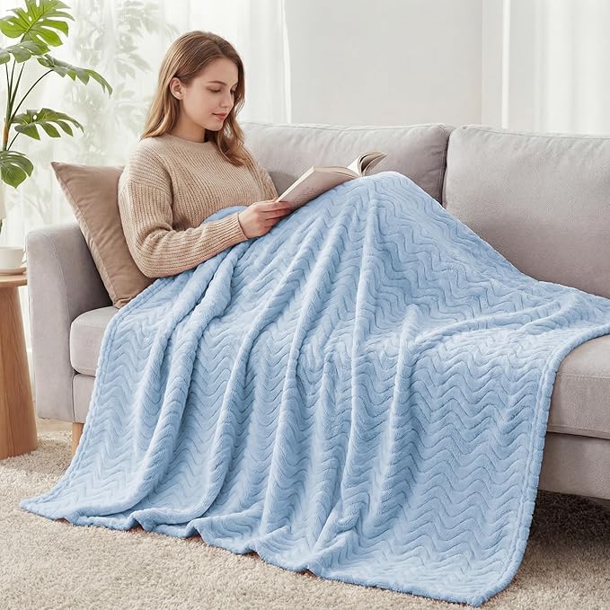 Exclusivo Mezcla King Blanket for Bed, Cozy Lightweight Fleece Blankets for All Season, Decorative Giftable Fuzzy Plush Wave Textured Suitable for Women, Men, Light Blue, 90x104 Inches