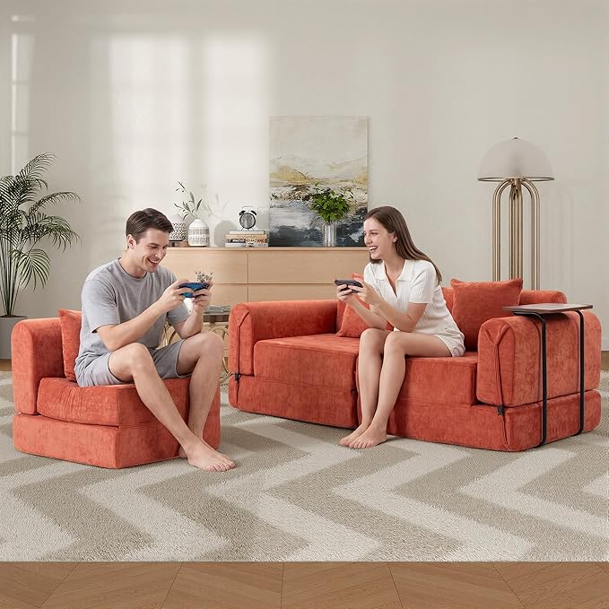 100" Convertible Sleeper Sofa Bed, Oversized Modular Sectional Cloud Sofa with Fixed-Shape Frame & Tabletop, Boneless Couch with Storage Pocket for Living Room, No Assembly Required, Orange