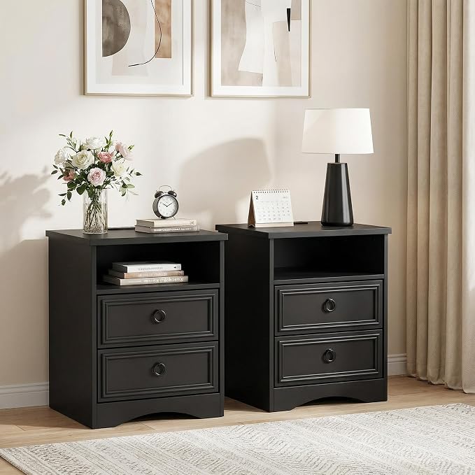 LGHM Set of 2 Nightstand with Charger Station Strip Lights, Large Night Stand with 2 Drawers, 17.7" W Accent Bed Side Table and End Table with Large Open Compartment for Bedroom, Living Room,Black - Image 9