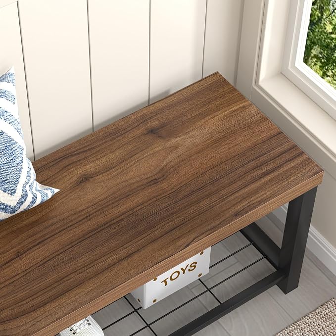 FOLUBAN Shoe Bench, Modern Wood and Metal Storage Bench for Entryway Hallway, Industrial Indoor Bedroom Bench Seat for Living Room, Mudroom, Rustic Walnut, 47 Inch - Image 4