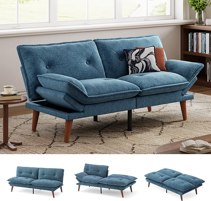 LINSY HOME Futon Sofa Bed, 70" Chenille Futon Couch with Adjustable Backrest Armrest, 3 in 1 Convertible Comfy Loveseat Sleeper Sofa Bed for Small Spaces Dorm Room Apartment Home Office, Blue