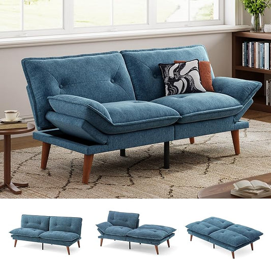 LINSY HOME Futon Sofa Bed, 70" Chenille Futon Couch with Adjustable Backrest Armrest, 3 in 1 Convertible Comfy Loveseat Sleeper Sofa Bed for Small Spaces Dorm Room Apartment Home Office, Blue
