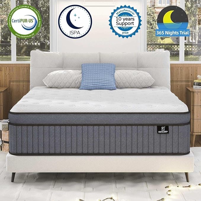 EEN EEN SLEEP 14 Inch Medium Plush King Size Mattress [Upgraded] King Hybrid Mattresses in A Box with Gel Memory Foam & Pocket Springs, Strong Edge Support,Pressure Relief,CertiPUR-US,365-Night Trial