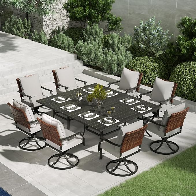 Grand patio 10-Piece Outdoor Dining Set, 8 Leather-Look Wicker Swivel Patio Chairs & 2 Rectangular Dining Table, Black by GrandPatio