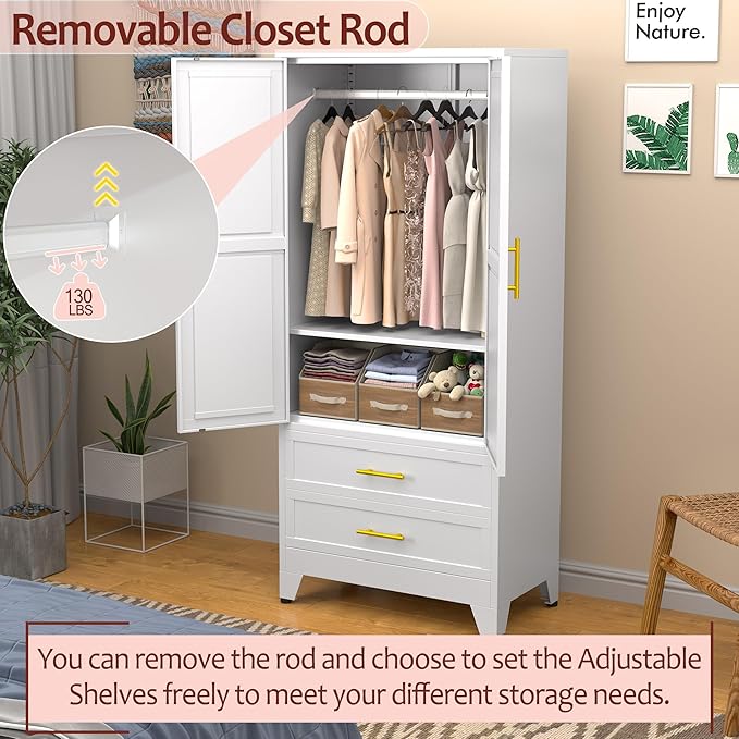 winiowa Metal Armoire Wardrobe Closet with 2 Drawers, 71" Wardrobe Cabinet with Adjustable Shelves and Hanging Rod, Clothing Storage Cabinet Closet for Bedroom-White