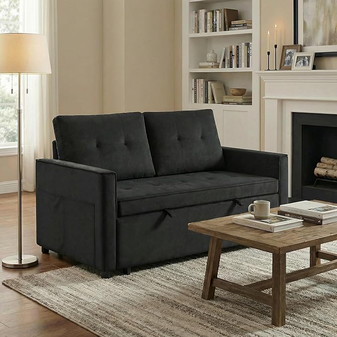 Casaphoria Pull Out Couch Bed, 3-in-1 Convertible Sleeper Sofa with Adjustable Backrest, Velvet Futon Loveseat with Side Pockets for Small Spaces, Living Room & Guest Room (Black)