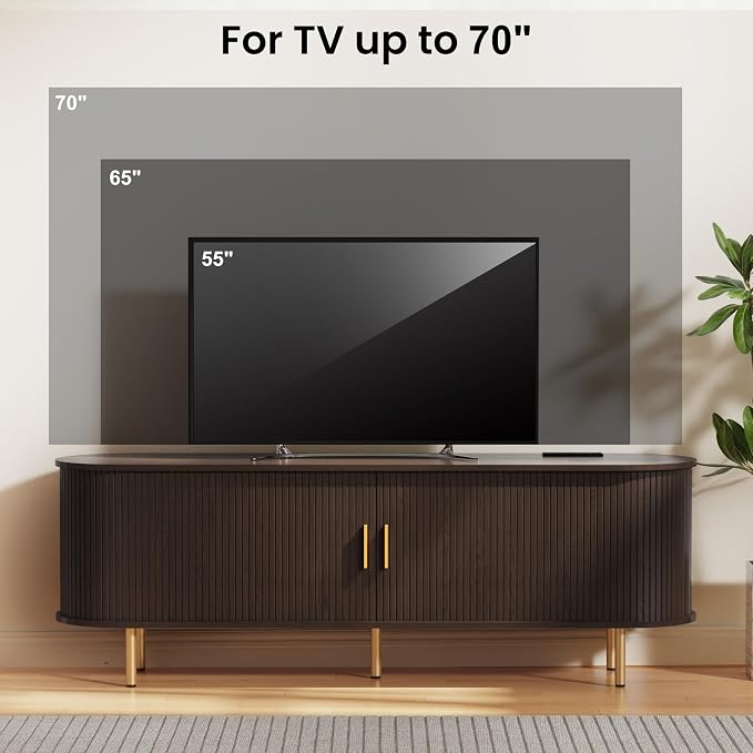 DHH 63 Inch Mid Century Modern TV Stand with Power Outlet for TVs up to 70 Inch, Entertainment Center with Storage and Adjustable Shelves, Media Console with Sliding Doors for Living Room(Dark Walnut) - Image 3