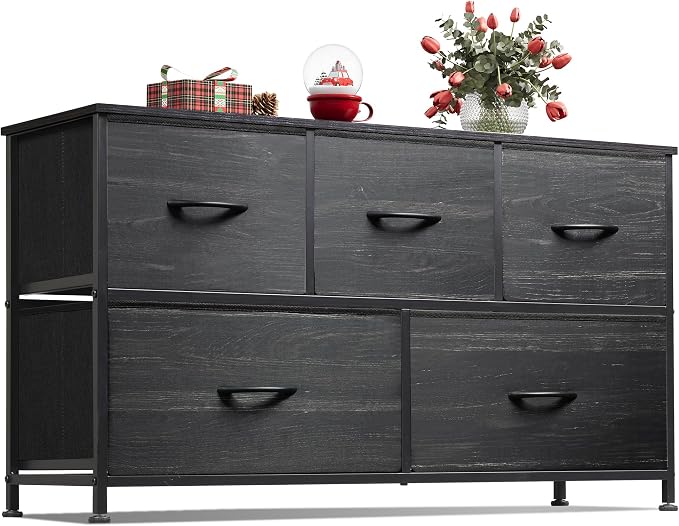 WLIVE Dresser for Bedroom with 5 Drawers, Wide Chest of Drawers, Fabric Dresser, Storage Organizer Unit with Fabric Bins for Closet, Living Room, Hallway, Charcoal Black Wood Grain Print by WLIVE