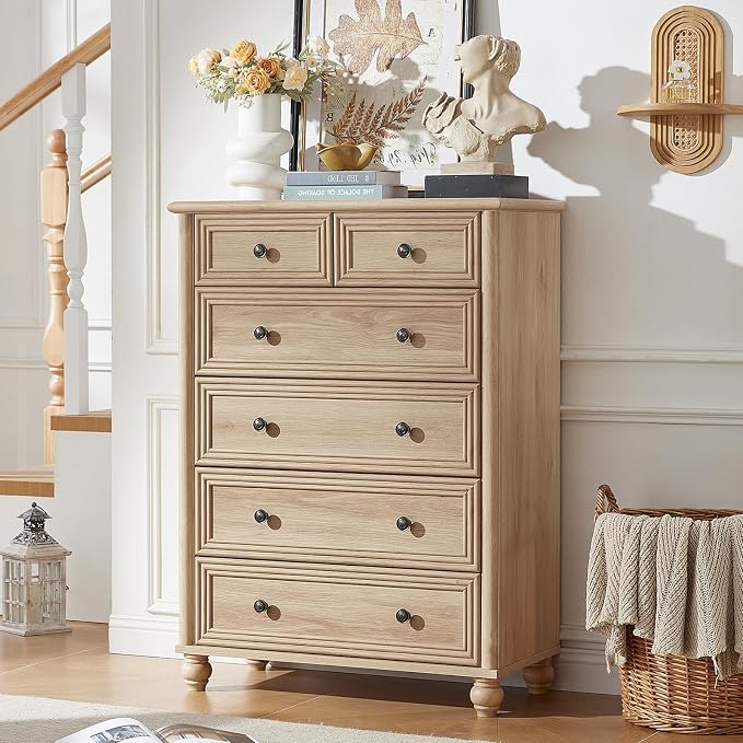 RWYHG Farmhouse 6 Drawer Dresser Set of 2, Natural Chest of Drawers, 43.5" Tall Dressers for Bedroom with Roman Column and Metal Handles, Wood Storage Organizer for Living Room, Hallway, Closet - Image 9
