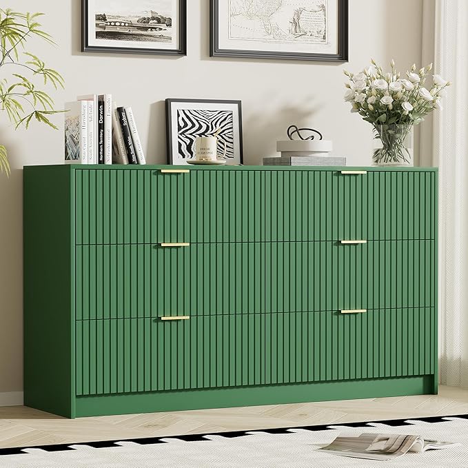 Furniway Green Dresser Bedroom Set 3 Pieces, Nightstands Sets of 2, 6 Drawer Dresser with Gold Handles for Bedroom